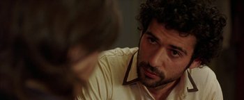 Movie still from “Paradise Now” (2005), directed by Hany Abu-Assad – A person with a beard; Close Up shot, Over the shoulder angle