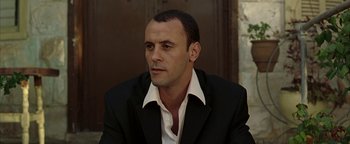 Movie still from “Paradise Now” (2005), directed by Hany Abu-Assad – A person wearing a suit and tie; Close Up shot, Low angle