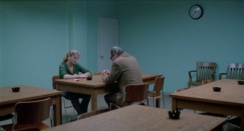 Movie still from “Patty Hearst” (1988), directed by Paul Schrader – A man and a woman are sitting at a table; Wide shot, Over the shoulder angle