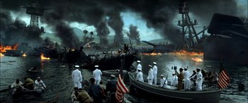 Movie still from “Pearl Harbor” (2001), directed by Michael Bay – A group of people on small boats in the water; Extreme Wide shot, High angle