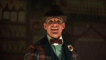 Movie still from “Pennies from Heaven” (1981), directed by Herbert Ross – A man wearing a hat and a bow tie; Close Up shot, Low angle