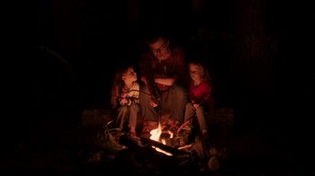 Movie still from “People Places Things” (2015), directed by Jim Strouse – A man and two children sitting around a fire; Wide shot, Over the shoulder angle