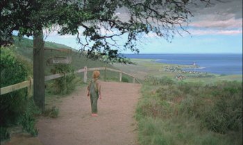 Movie still from “Pete's Dragon” (1977), directed by Don Chaffey – A child is walking down a dirt path; Extreme Wide shot, High angle