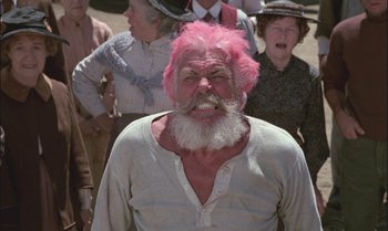 Movie still from “Pete's Dragon” (1977), directed by Don Chaffey – An old man with pink hair and a white beard; Medium shot, Low angle