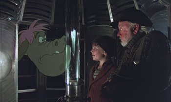 Movie still from “Pete's Dragon” (1977), directed by Don Chaffey – A man and a woman standing next to each other in front of an image; Medium shot, Low angle