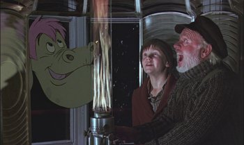 Movie still from “Pete's Dragon” (1977), directed by Don Chaffey – A man and a woman standing in front of a fire hydrant; Medium shot, Low angle