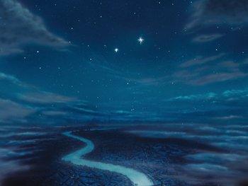 Movie still from “Peter Pan” (1953), directed by Jack Kinney – A night sky with stars and a river in the middle of the night; Extreme Wide shot, Overhead angle