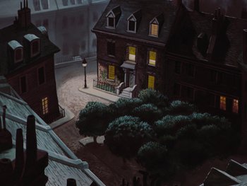 Movie still from “Peter Pan” (1953), directed by Jack Kinney – An oil painting of an old town at night; Extreme Wide shot, High angle
