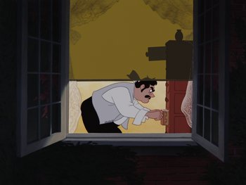 Movie still from “Peter Pan” (1953), directed by Jack Kinney – An animated man in a white shirt and black pants is looking through a window; Wide shot, High angle