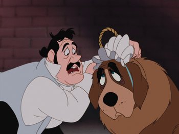 Movie still from “Peter Pan” (1953), directed by Jack Kinney – A man and a dog in a scene from the movie lady and the tramp; Close Up shot, Over the shoulder angle