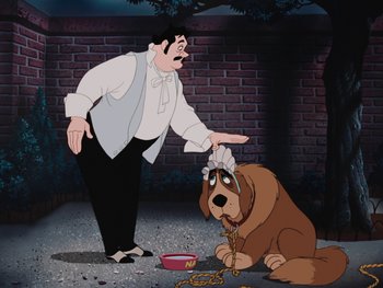 Movie still from “Peter Pan” (1953), directed by Jack Kinney – A man standing next to a brown and white dog; Medium shot, Over the shoulder angle