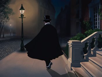 Movie still from “Peter Pan” (1953), directed by Jack Kinney – A man walking down the street wearing a top hat; Wide shot, Low angle