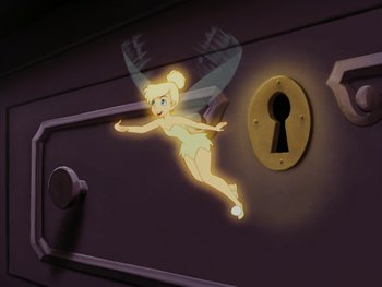 Movie still from “Peter Pan” (1953), directed by Jack Kinney – A tinkerbell is flying through a keyhole; Wide shot, High angle