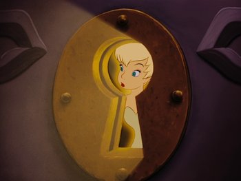 Movie still from “Peter Pan” (1953), directed by Jack Kinney – A key hole with tinkerbell in the middle of it; Close Up shot, High angle