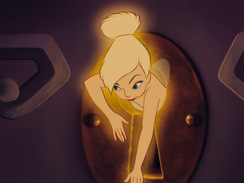 Movie still from “Peter Pan” (1953), directed by Jack Kinney – A tinkerbell light is glowing in the dark; Close Up shot, Overhead angle