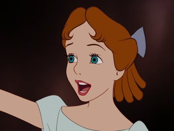 Movie still from “Peter Pan” (1953), directed by Jack Kinney – A girl's face in a cartoon style; Close Up shot, Overhead angle