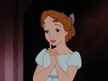 Movie still from “Peter Pan” (1953), directed by Jack Kinney – A cartoon picture of a young girl in a white dress; Close Up shot, High angle