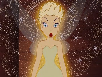 Movie still from “Peter Pan” (1953), directed by Jack Kinney – An illustration of tinkerbell in front of a background of stars; Close Up shot, High angle