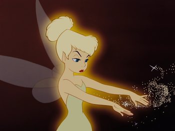 Movie still from “Peter Pan” (1953), directed by Jack Kinney – A tinkerbell character is holding something in her hand; Medium shot, High angle