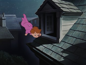 Movie still from “Peter Pan” (1953), directed by Jack Kinney – A girl is flying through the air on the roof of a house; Wide shot, Overhead angle