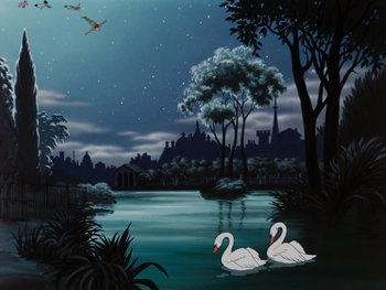 Movie still from “Peter Pan” (1953), directed by Jack Kinney – A painting of two swans swimming on a lake; Extreme Wide shot, Low angle