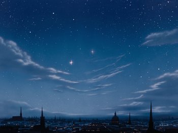 Movie still from “Peter Pan” (1953), directed by Jack Kinney – A night sky filled with stars over a city; Extreme Wide shot, Low angle