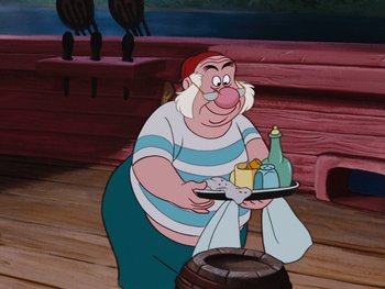 Movie still from “Peter Pan” (1953), directed by Jack Kinney – An old man holding a tray of food in front of a barrel; Medium shot, Over the shoulder angle