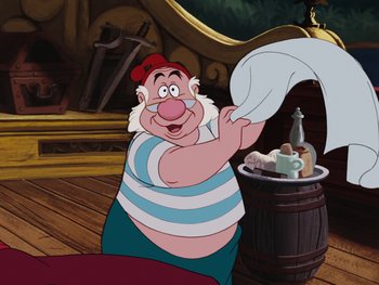 Movie still from “Peter Pan” (1953), directed by Jack Kinney – A cartoon character holding a towel; Medium shot, Low angle
