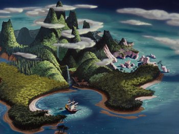 Movie still from “Peter Pan” (1953), directed by Jack Kinney – An aerial view of an island with a boat in the water; Extreme Wide shot, High angle