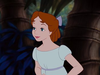 Movie still from “Peter Pan” (1953), directed by Jack Kinney – A girl in a white dress is standing in front of a tree; Medium shot, High angle