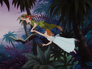 Movie still from “Peter Pan” (1953), directed by Jack Kinney – A couple of people that are flying in the air; Wide shot, Overhead angle