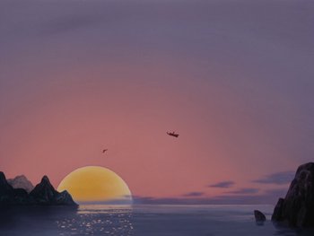 Movie still from “Peter Pan” (1953), directed by Jack Kinney – An airplane flying over a body of water at sunset; Extreme Wide shot, Low angle