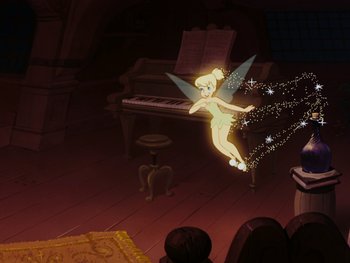 Movie still from “Peter Pan” (1953), directed by Jack Kinney – A tinkerbell is flying through the air near a piano; Wide shot, High angle