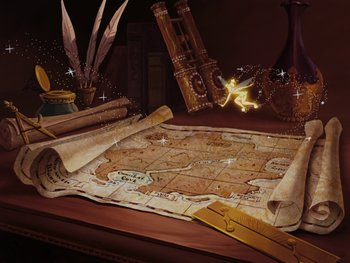 Movie still from “Peter Pan” (1953), directed by Jack Kinney – An old map is sitting on a table; Wide shot, High angle