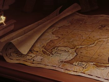 Movie still from “Peter Pan” (1953), directed by Jack Kinney – An old map is laying on a table; Extreme Close Up shot, Overhead angle