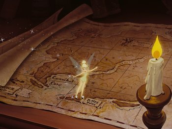 Movie still from “Peter Pan” (1953), directed by Jack Kinney – A tinkerbell figure on top of an old map; Wide shot, High angle