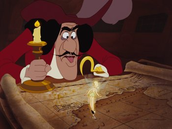 Movie still from “Peter Pan” (1953), directed by Jack Kinney – A cartoon picture of a pirate holding a candlestick; Medium shot, Over the shoulder angle