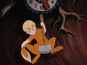 Movie still from “Peter Pan” (1953), directed by Jack Kinney – A cartoon of a boy holding a giant clock; Medium shot, High angle