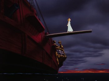 Movie still from “Peter Pan” (1953), directed by Jack Kinney – A woman standing on the side of a boat; Extreme Wide shot, Low angle