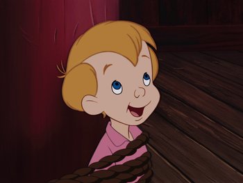Movie still from “Peter Pan” (1953), directed by Jack Kinney – A cartoon of a little boy with a rope around his neck; Close Up shot, High angle