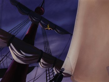 Movie still from “Peter Pan” (1953), directed by Jack Kinney – A painting of a boat in the night sky; Extreme Wide shot, Low angle