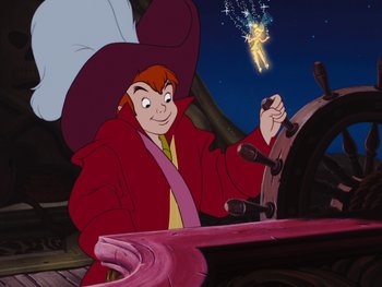 Movie still from “Peter Pan” (1953), directed by Jack Kinney – A man wearing a red coat and a red hat sitting at a steering wheel of a boat; Medium shot, High angle