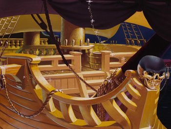 Movie still from “Peter Pan” (1953), directed by Jack Kinney – An oil painting of a boat in the middle of the ocean; Wide shot, Low angle