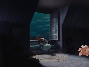 Movie still from “Peter Pan” (1953), directed by Jack Kinney – A woman sitting on a window sill looking out a window; Wide shot, High angle
