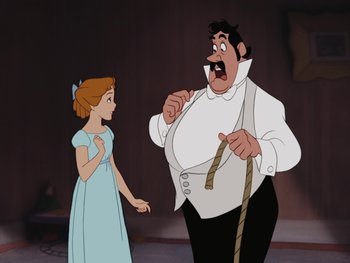 Movie still from “Peter Pan” (1953), directed by Jack Kinney – A woman standing next to a man in a white dress; Medium shot, Over the shoulder angle