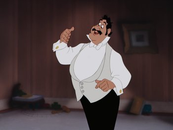 Movie still from “Peter Pan” (1953), directed by Jack Kinney – A man with a mustache wearing a white shirt and black pants; Medium shot, Low angle