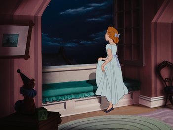 Movie still from “Peter Pan” (1953), directed by Jack Kinney – A girl in a white dress standing in front of a window; Wide shot, High angle