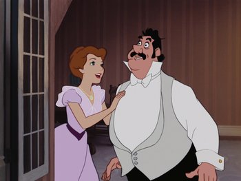 Movie still from “Peter Pan” (1953), directed by Jack Kinney – A man and a woman are standing next to each other in front of a window; Medium shot, Over the shoulder angle