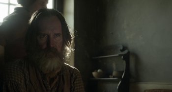 Movie still from “Peterloo” (2018), directed by Mike Leigh – An old man with a long white beard; Close Up shot, Over the shoulder angle