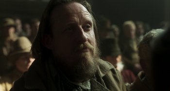 Movie still from “Peterloo” (2018), directed by Mike Leigh – A person with a beard; Close Up shot, Over the shoulder angle